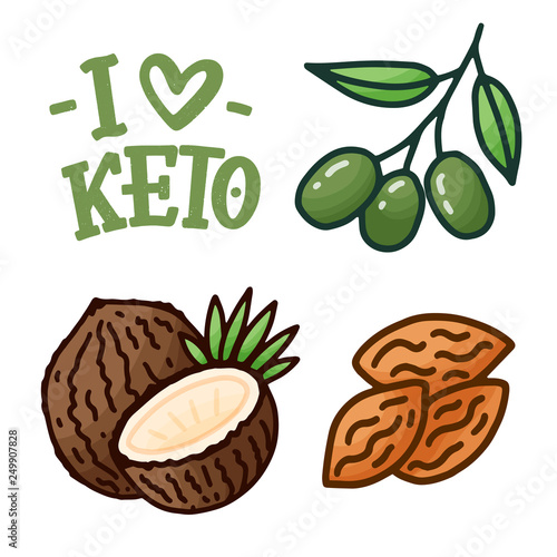 Sketch lettering with green keto diet doodle elements for concept design. Hand drawn illustration. Food for Ketogenic