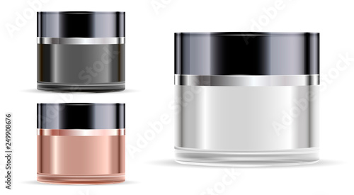 Cosmetic Jar. Glass Jar for Cream. Luxury Mockup. Round Vector Container with Glossy Black Plastic Lid for Facial Skin Product. Premium Clear 3d Pot.