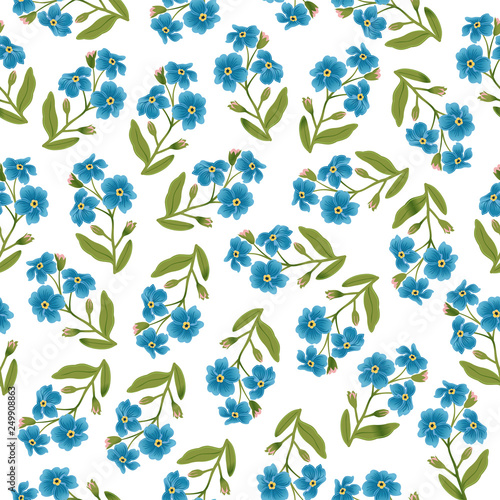 Seamless pattern card with flower forget-me-not. Spring background for seasonal design.