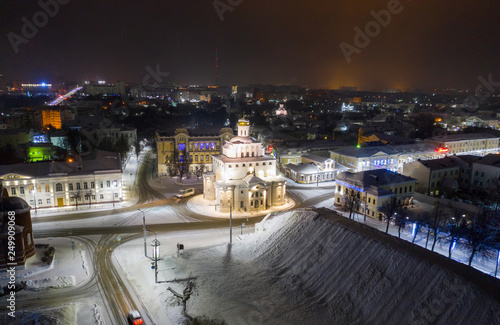 Vladimir, Russia - January 1, 2010: The Golden Gate of Vladimir constructed between 1158 and 1164, Winter calm night landscape in the New Year holidays. Russia in the Golden Ring of Russia at night.