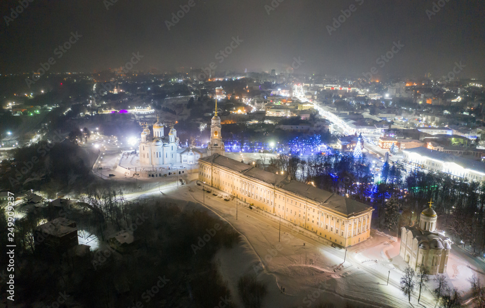 Assumption Cathedral after the snowfall. Winter calm night landscape in the New Year holidays. Beautiful frozen landscape. Vladimir. Russia. Assumption Cathedral after the snowfall. Winter calm night landscape in the New Year holidays. Beautiful frozen landscape. Vladimir. Russia.