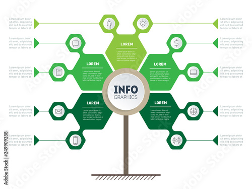 Vertical ecology Timeline or infographics. Tree of development and growth of the eco business. Infographic of bio technology trends. Business presentation concept with 5 options, points, steps.