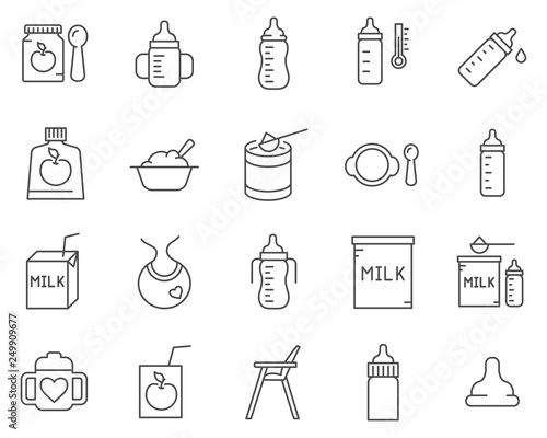 Set of baby feeding line vector icons.
