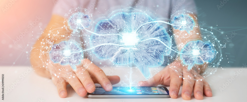Fototapeta premium Businessman creating artificial intelligence in a digital brain 3D rendering