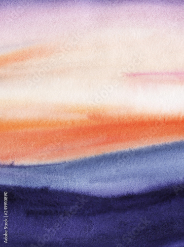 abstract background. Alligoric landscape. Sky sea mountains. Smooth wavy lines. Gradient fromlilac to red to blue. Hand-drawn watercolor illustration.