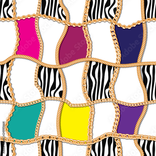 Modern seamless pattern with golden chains checkered backdrop. For textile, scarf, cravat design.