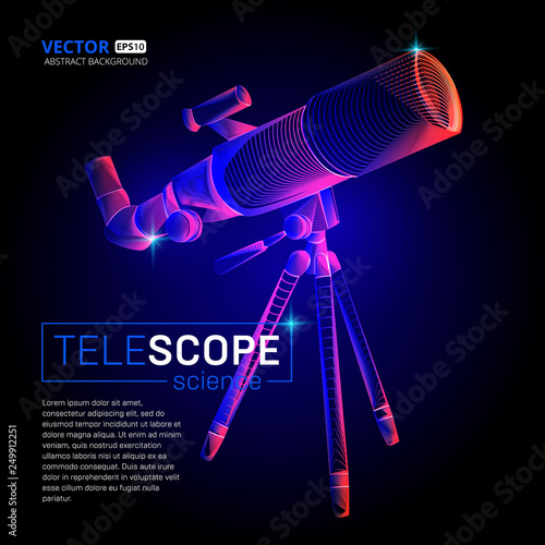 Vector standing telescope with abstract 3d geometry lines and gradient waves art wireframe illustration or future space astronomy science cosmos planet exploration concept design on dark background