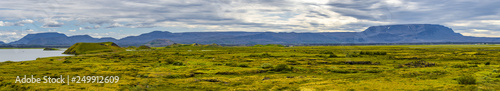 Panoramic view of lake Myvatn and pseudo craters aka volcanic near Skutustadir on Iceland  summer time