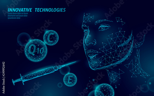 Low poly female face syringe vitamin. Rejuvenating facial injections procedure against wrinkles.Cosmetology beauty salon banner template. Medicine skin care vector illustration