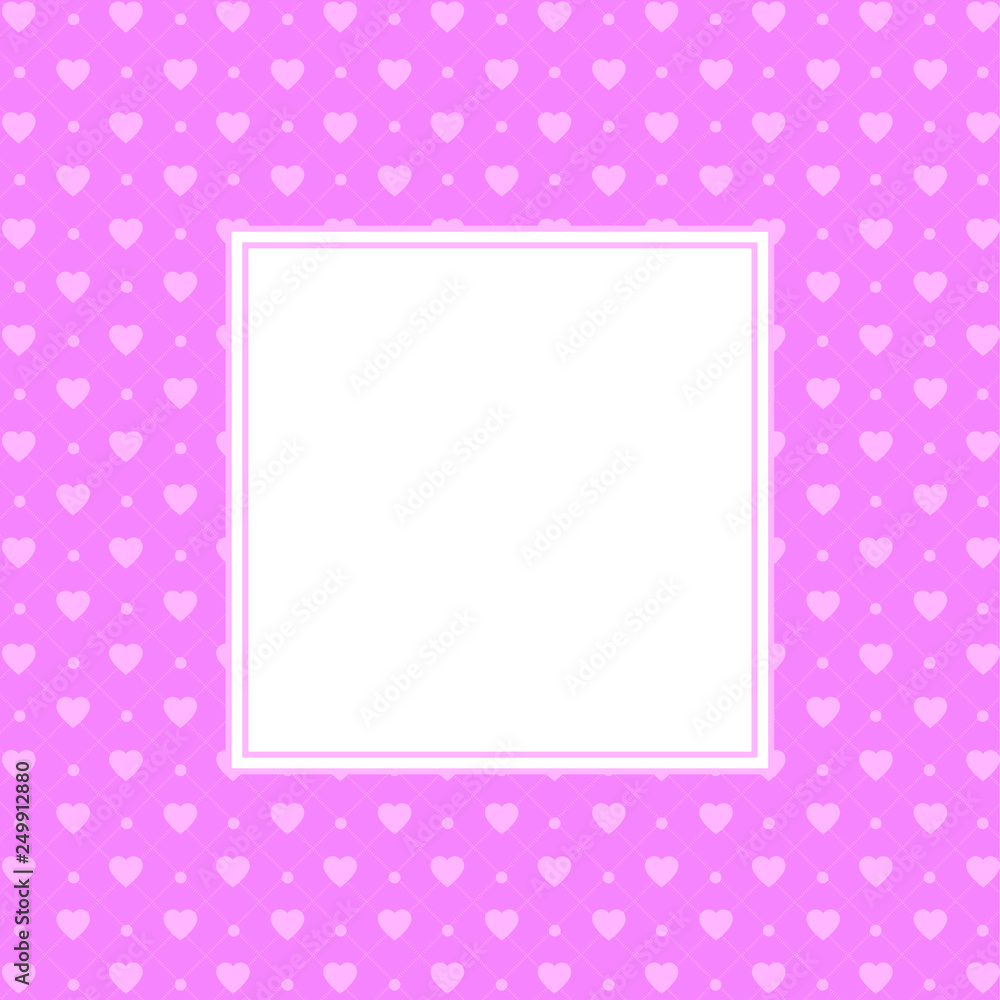 Hearts pattern background with frame in the shape of square for text. Valentine's day and Mother's day greeting card - pink, red colors. Banner, invitation or label