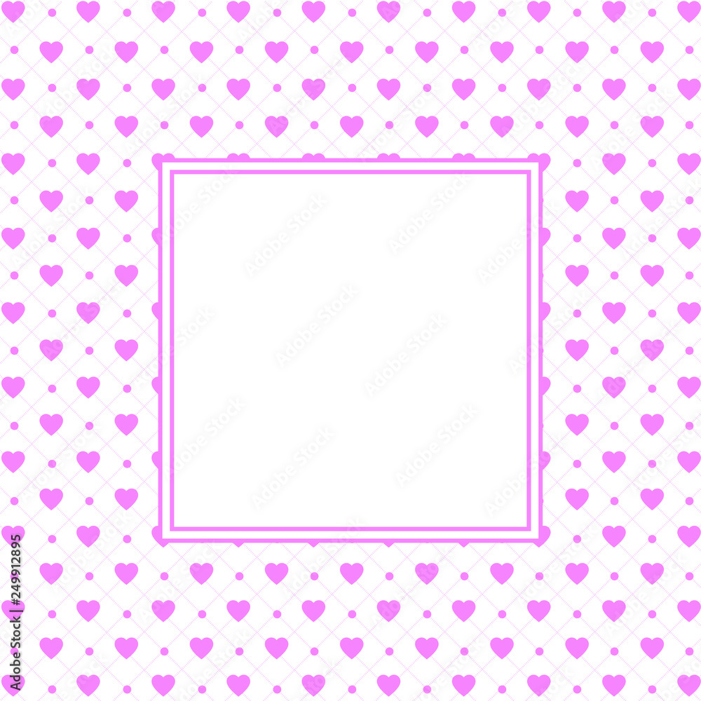 Hearts pattern background with frame in the shape of square for text. Valentine's day and Mother's day greeting card - pink, red colors. Banner, invitation or label