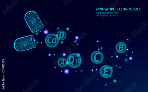 Low poly opened drug capsule. Medicine banner template blue glowing medicament prebiotic vitamins health care cure illness. Antibiotic nutrition supplement 3D polygonal vector illustration