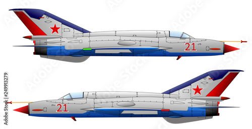 Old jet Russian military plane on white background, vector illustration