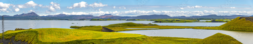 Panoramic view of lake Myvatn and pseudo craters aka volcanic near Skutustadir on Iceland, summer time