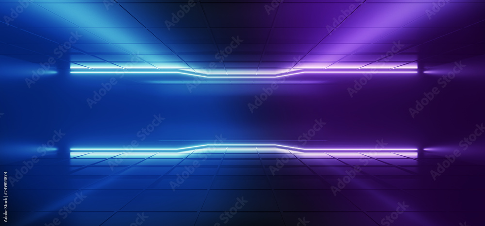 Neon Glowing Cyber Purple Blue Pink Sci Fi Modern Futuristic Minimalistic Dark Black Room With Reflections On The Walls Empty Space 3D Rendering Neon Glowing Cyber Purple Blue Pink Sci Fi Modern Futuristic Minimalistic Dark Black Room With Reflections On The Walls Empty Space 3D Rendering