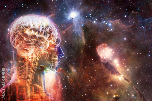 Artistic Modern Abstract Golden Human Artificial Intelligent Interface In Multicolored Smooth Beautiful Galaxy Background Artwork