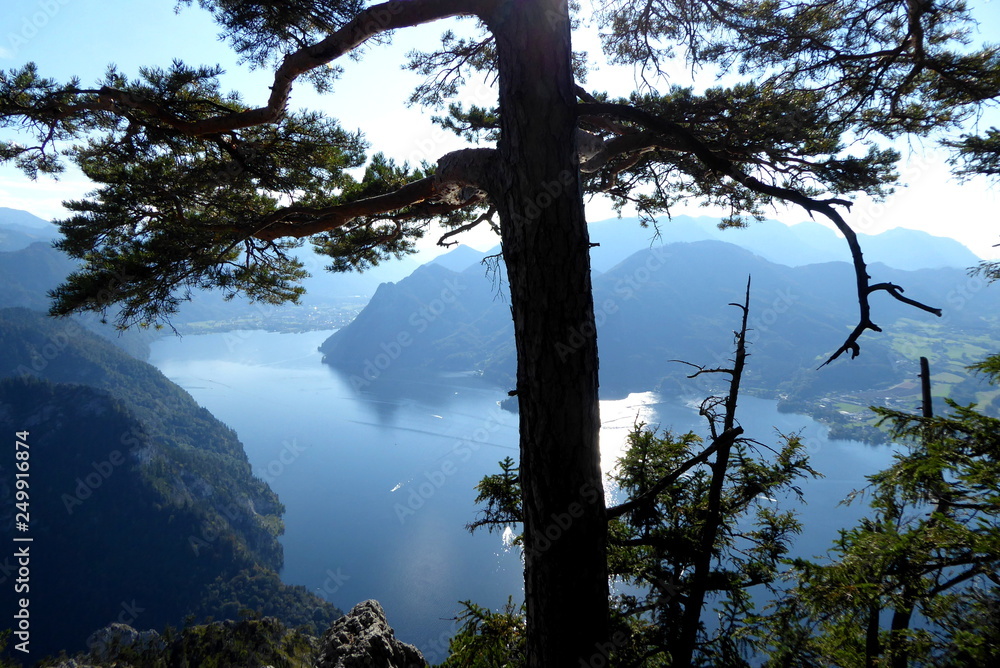 Obraz premium Panoramic view of the Traunsee and the Salzkammergut in Austria, taken from the Traunstein