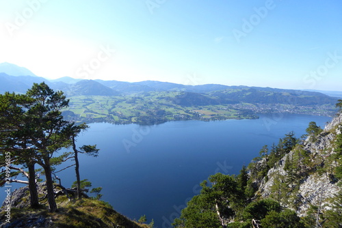 Panoramic view of the Traunsee and the Salzkammergut in Austria  taken from the Traunstein