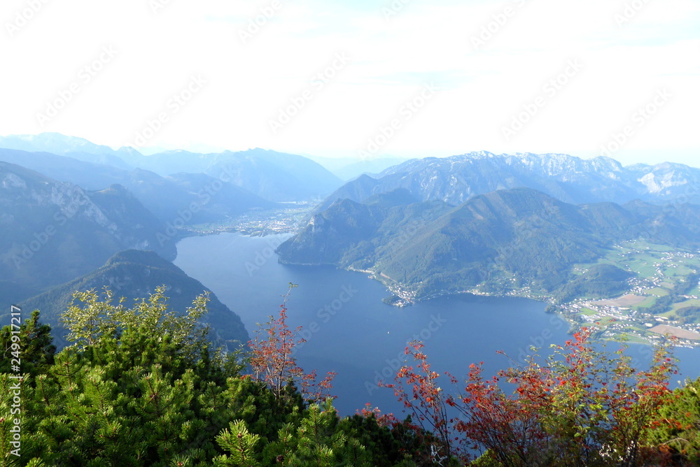 Panoramic view of the Traunsee and the Salzkammergut in Austria, taken from the Traunstein
