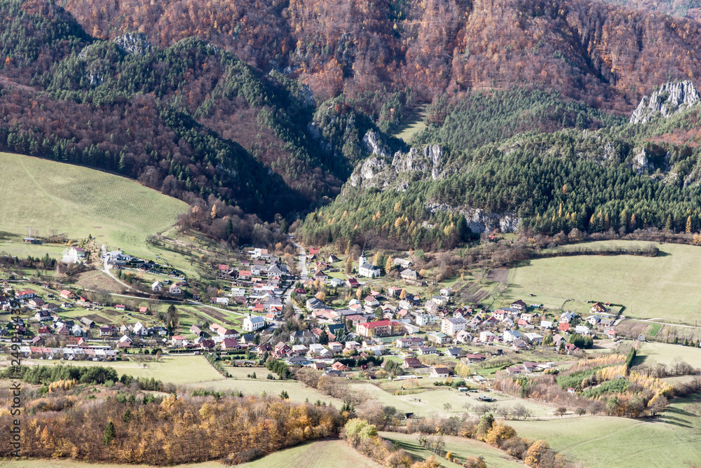 Sulov village from Kecka hill in autumn Sulovske skaly mountains in Slovakia