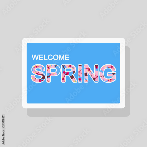 Double exposure Welcome Spring greeting card with flowers forming text silhouette