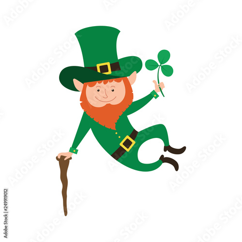 Joyful jumping leprechaun with clover in his hand.  Illustration for Saint Patrick Day.