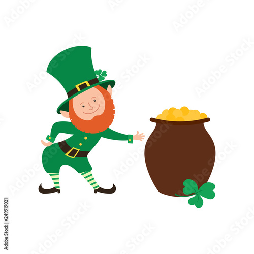 Smiling leprechaun and  pot of gold. Symbol for Saint Patrick Day.