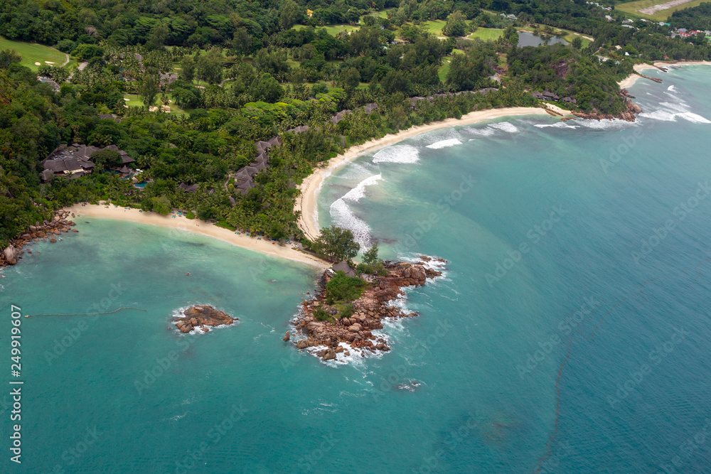 Fototapeta premium Aerial view of the luxury hotel Constance Lemuria on Praslin, Seychelles in the Indian Ocean.