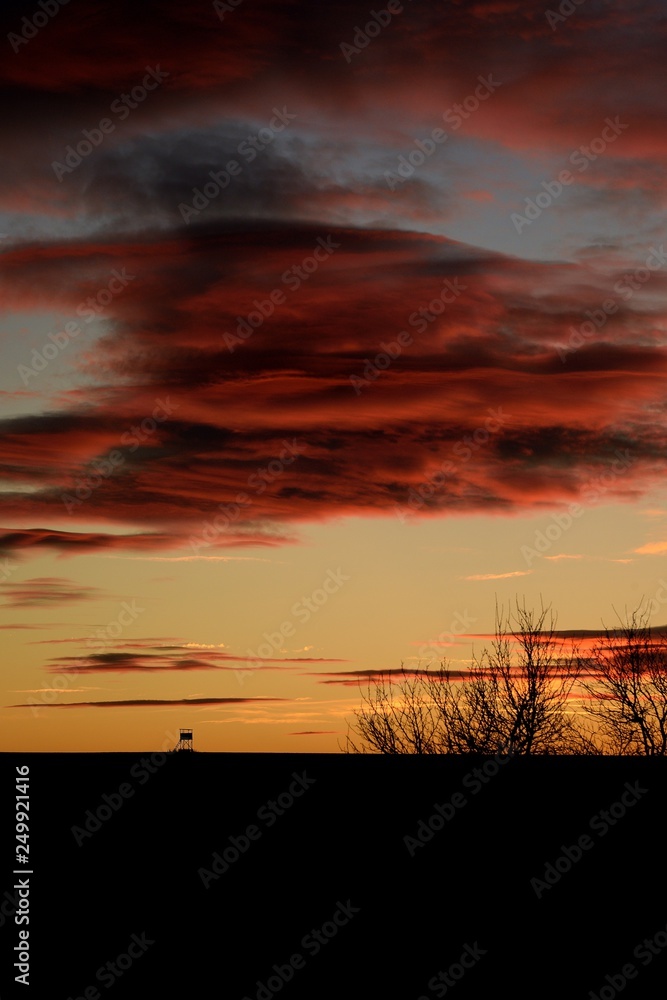 Fototapeta premium Sunset with hunter hide on horizon. Evening picture with beautiful red sky, trees and hide on the background