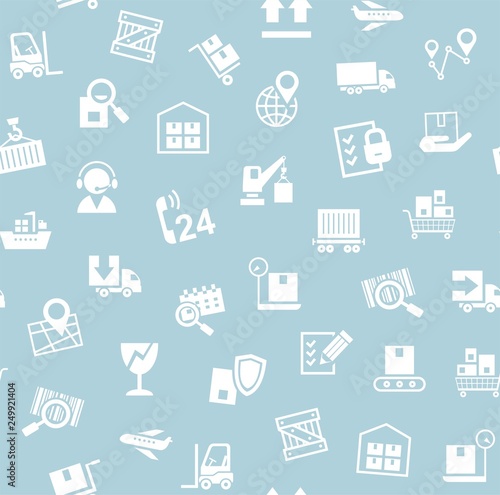 Cargo delivery, seamless pattern, blue, vector. Transportation and delivery of goods. White flat icons on gray-blue background. Vector flat seamless pattern. 