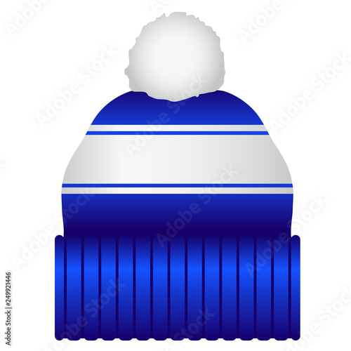 Blue and White Puff Ball Stocking Cap Beanie Hat Vector Illustration Icon Symbol Graphic