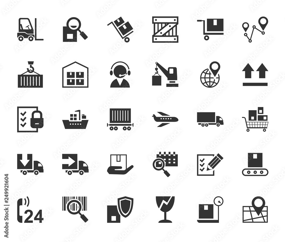 Shipping, flat icons, monochrome, vector. Transportation and delivery of goods. Gray flat icons on white background. Vector clip art. Shipping, flat icons, monochrome, vector. Transportation and delivery of goods. Gray flat icons on white background. Vector clip art.