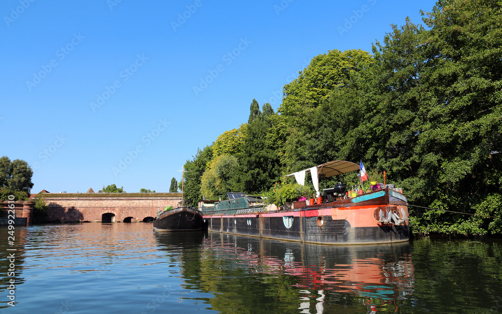 Barge near old bridge Barge near old bridge