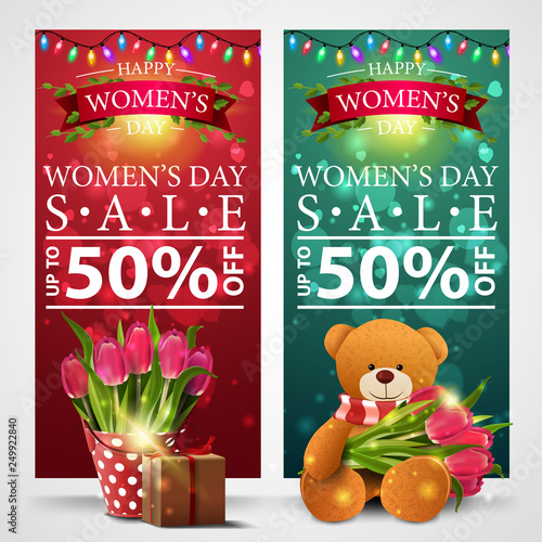 Two discount banners for women's day with garland, bucket with tulips, gift and Teddy bear with a bouquet of tulips