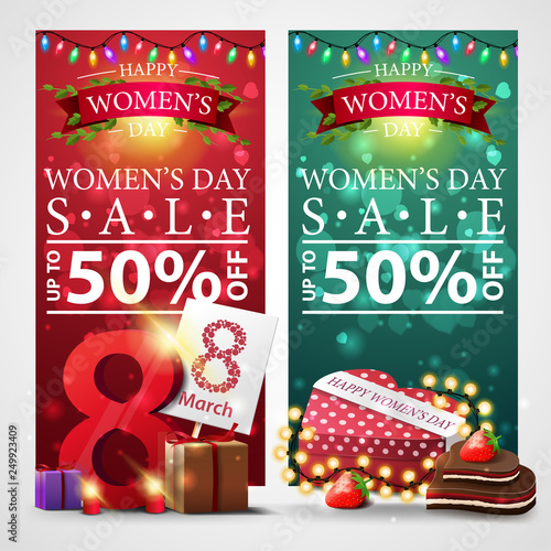 Two discount banners for women's day with garland, gifts with the number eight and gift in the shape of a heart
