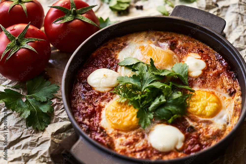 Shakshuka with eggs, tomatoes and parsley in a frying pan, close-up