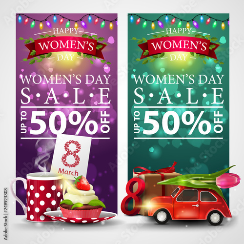 Two discount banners for women's day with garland, cup of tea with cupcake and car with Tulip