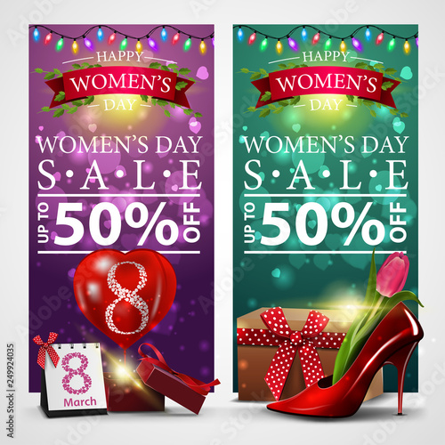 Two discount banners for women's day with garland, gift, balloon and women's Shoe with tulips inside