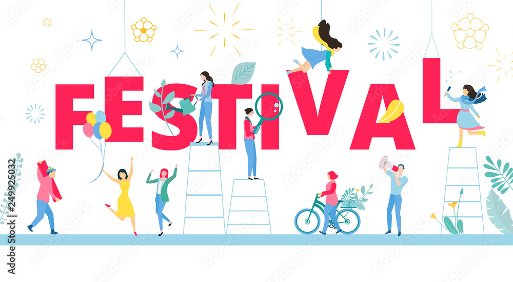 White poster with happy people organizing festival.