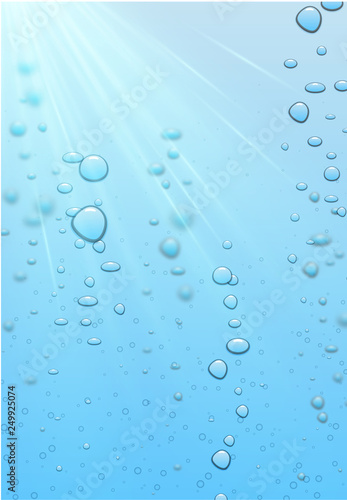 Blue water background with sunshine and realistic bubbles or drops.