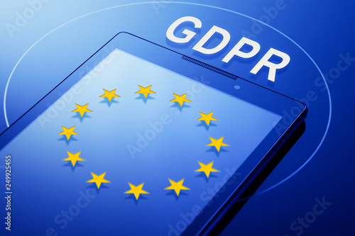 General Data Protection Statement (GDPR) on mobile phone with EU flag