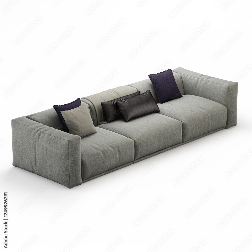 Obraz premium Three-seater sofa with pillows on a white background 3d rendering