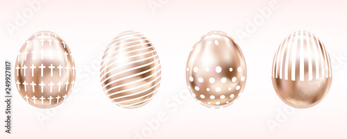 Four glance metallic eggs in pink color wit white cross, dots and stripes. Isolated objects for Easter