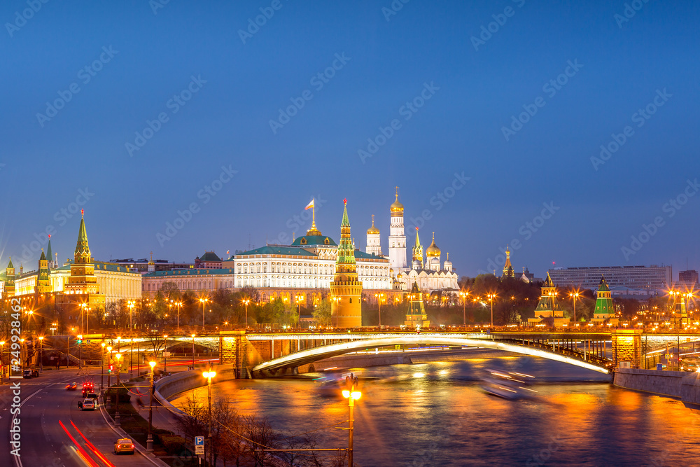 View of Kremlin during blue hour twilight sunset in Moscow, Russia. The most famous landmark in Russia.