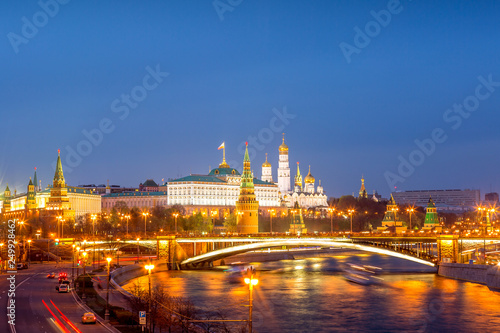 View of Kremlin during blue hour twilight sunset in Moscow, Russia. The most famous landmark in Russia.