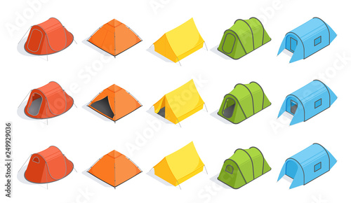 isometric image on white background, types of camping tents, set of images