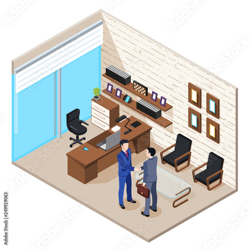 isometric vector image of office, people in business suits shaking hands, office room interior