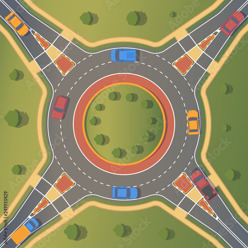 Roundabout road with car. Crossing of highways by type of ring intersection.