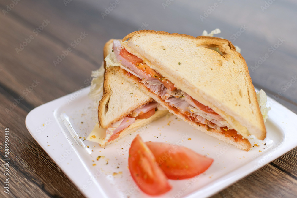 Sandwich with meat and tomatoes on white plate. Breakfast, lunch concept Sandwich with meat and tomatoes on white plate. Breakfast, lunch concept