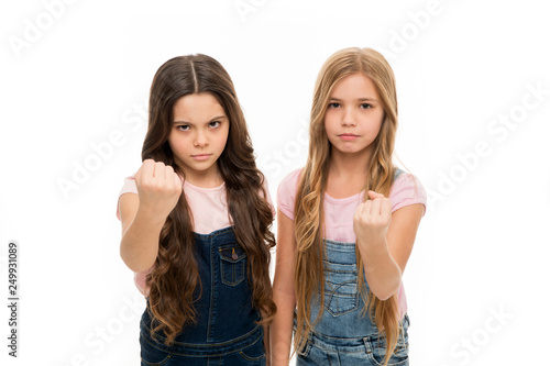 Siblings relations. Sisterhood goals. Sisters little kids isolated white background. Sisterly relationship. Sisterhood happiness and issues. Girls confident sisters. Sisterhood support or competition